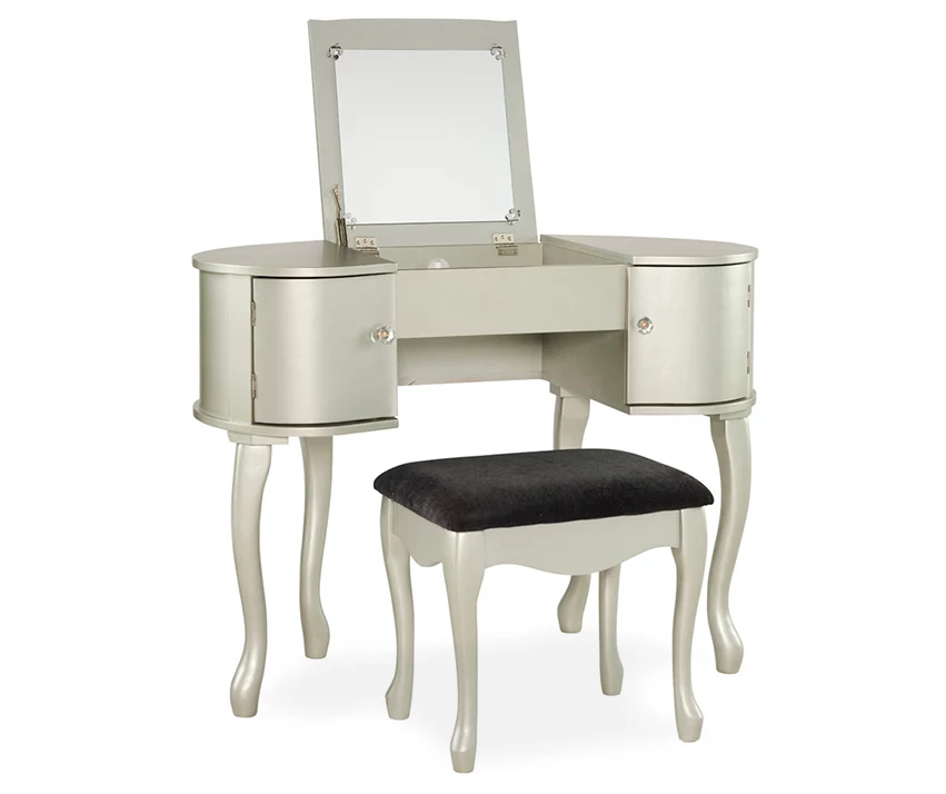 Kelly Silver Rounded Mirror Vanity Set With Stool 1 Kelly Silver Rounded Mirror Vanity Set With Stool