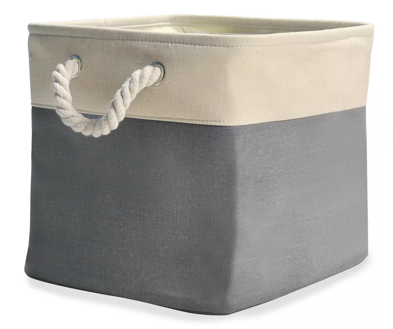 Gray & Cream Fabric Storage Bin With Rope Handles 1 Gray & Cream Fabric Storage Bin With Rope Handles