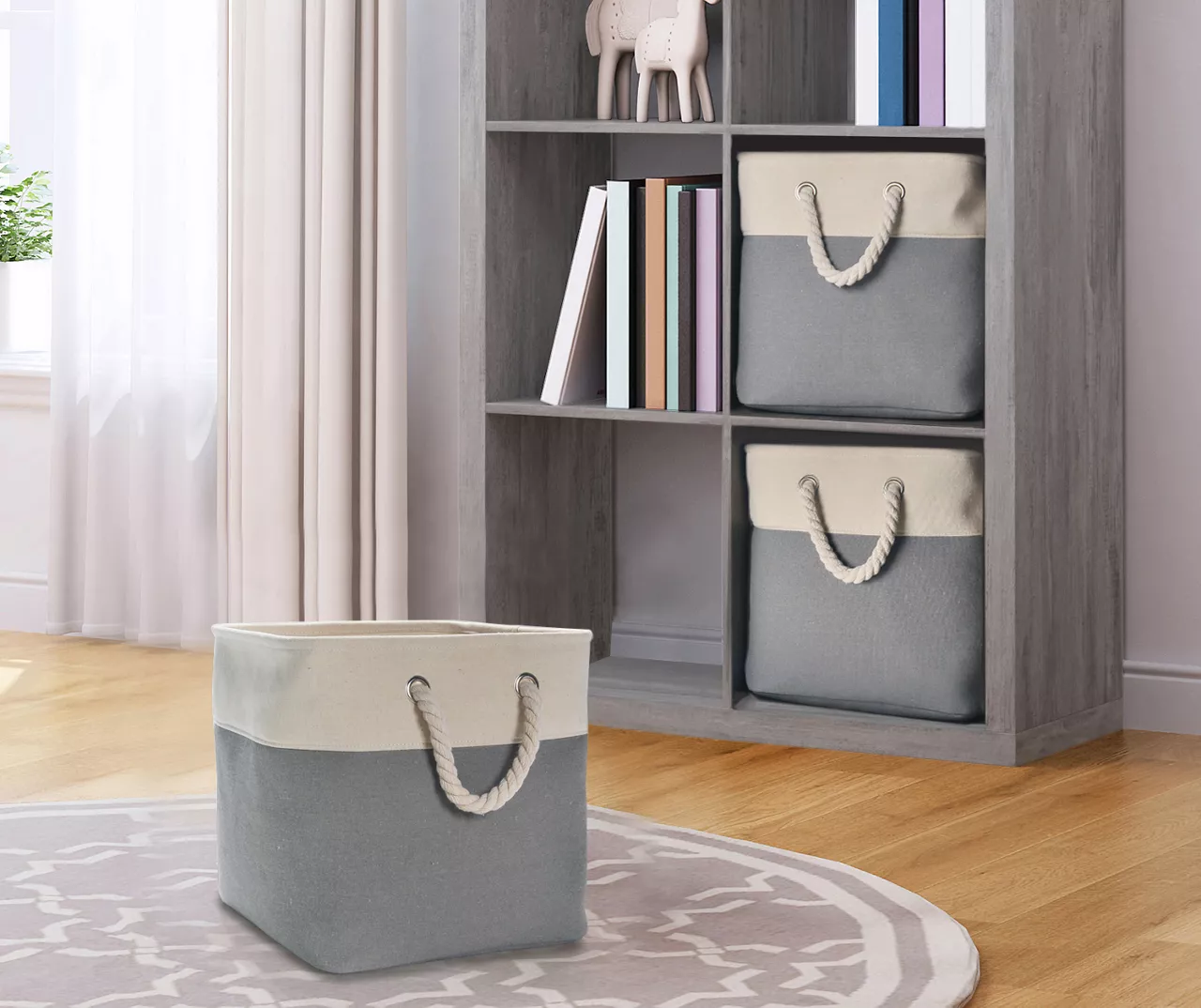 Gray & Cream Fabric Storage Bin With Rope Handles 3 Gray & Cream Fabric Storage Bin With Rope Handles - Image 3