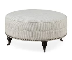 Pebble Gray Striped Upholstered Round Ottoman