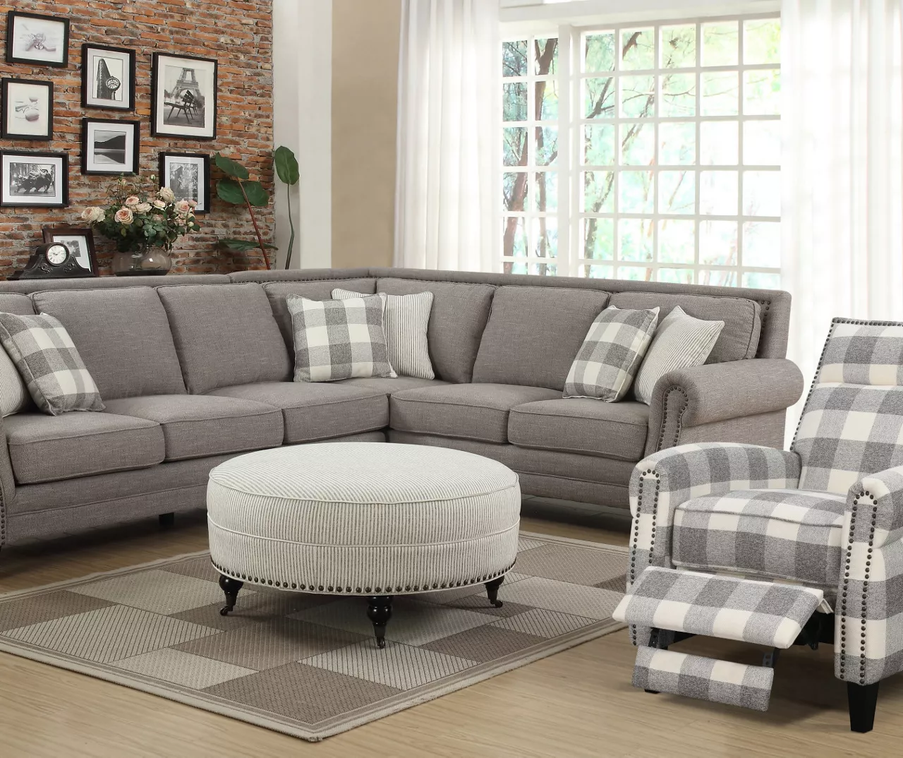 Pebble Gray Striped Upholstered Round Ottoman 2 Pebble Gray Striped Upholstered Round Ottoman - Image 2