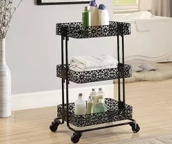 Mabry Black 3-Tier Pierced Floral Rolling Cart 9 Mabry Black 3-Tier Pierced Floral Rolling Cart -Chic Furniture Shop 810543382 2