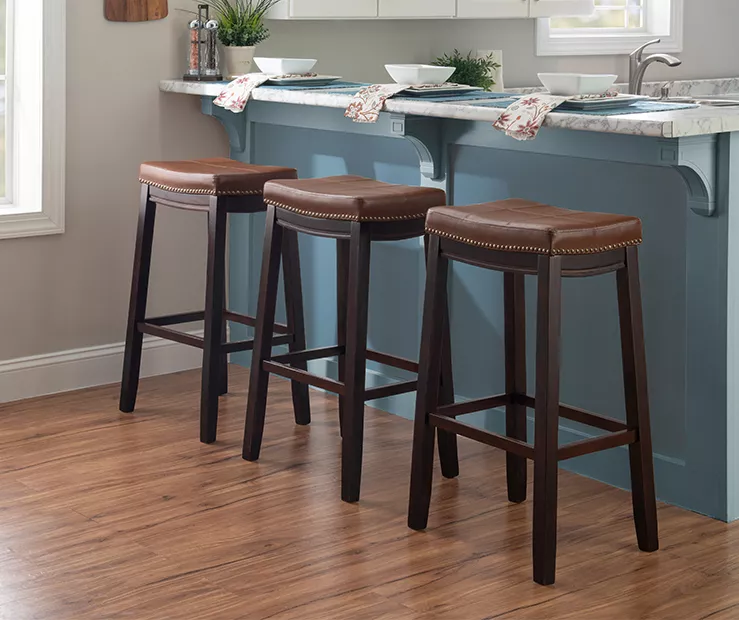 Brooke Cognac & Dark Brown Faux Leather Backless Padded Counter Stool 2 Brooke Cognac & Dark Brown Faux Leather Backless Padded Counter Stool - Image 2