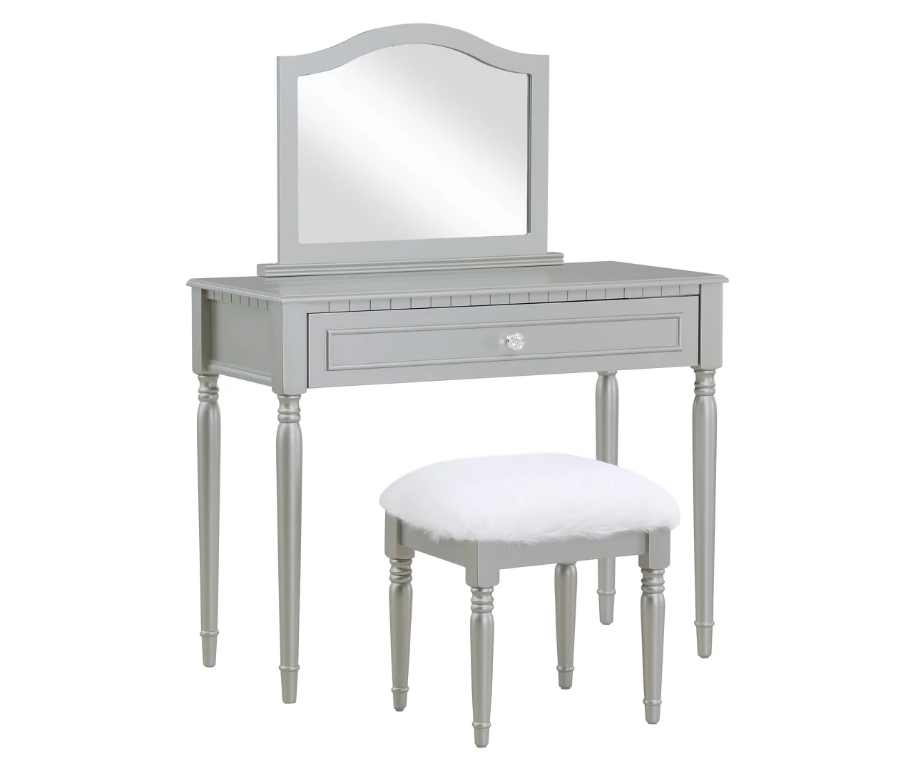 Vanity Table Set With Mirror & Faux Fur Stool 1 Vanity Table Set With Mirror & Faux Fur Stool