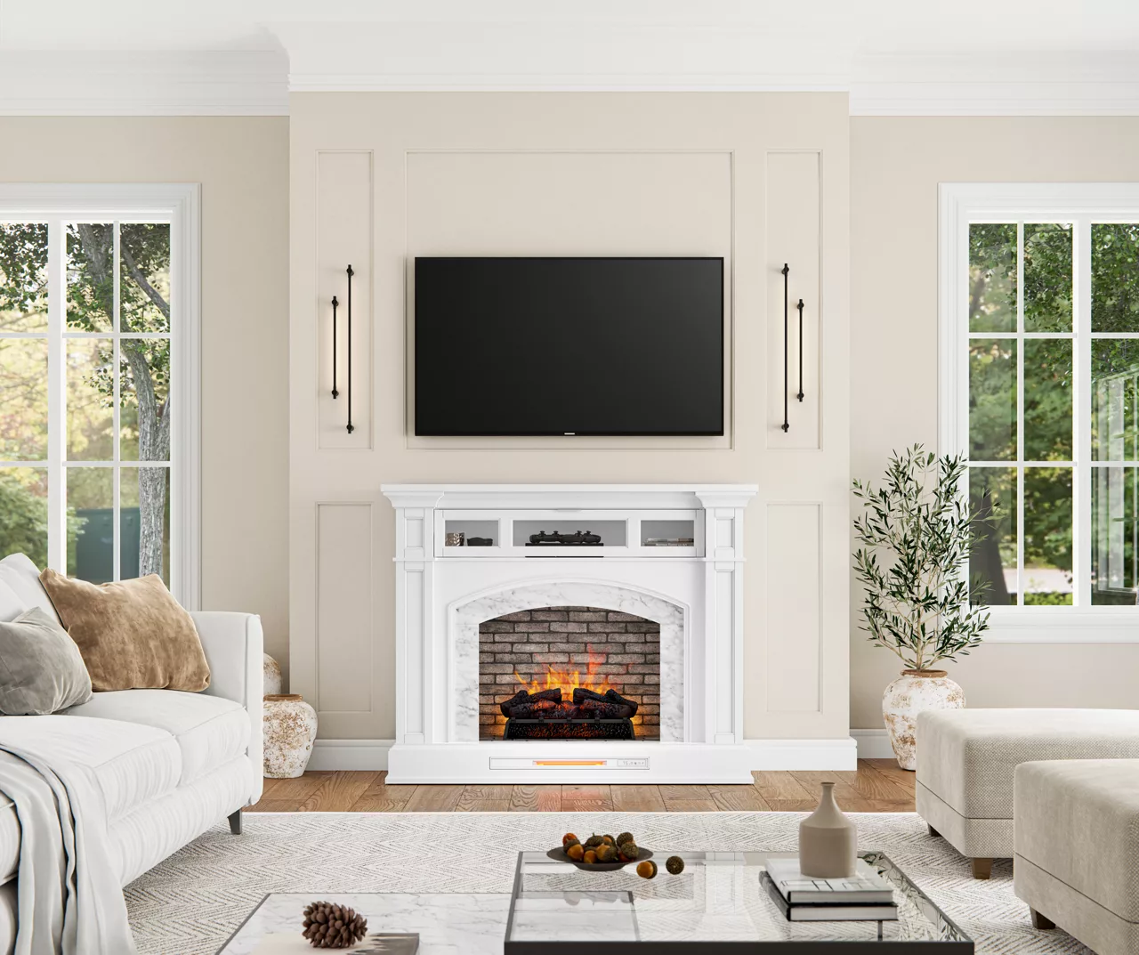 62" White Marble Grand Electric Fireplace Console 3 62" White Marble Grand Electric Fireplace Console - Image 3