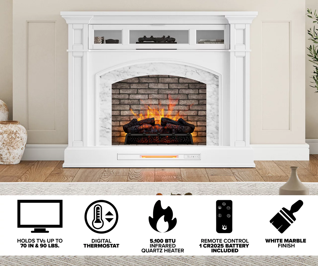62" White Marble Grand Electric Fireplace Console 5 62" White Marble Grand Electric Fireplace Console - Image 5